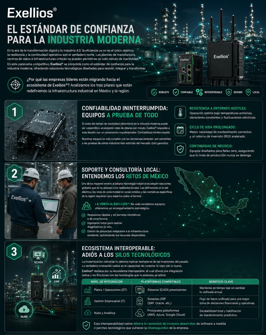 Elegir un socio tecnológico no es una decisión que deba tomarse a la ligera. Al elegir Exellios®, las industrias modernas no solo adquieren hardware o software de última generación; adquieren la tranquilidad de saber que su operación está respaldada por robustez, conocimiento local y conectividad a prueba de futuro