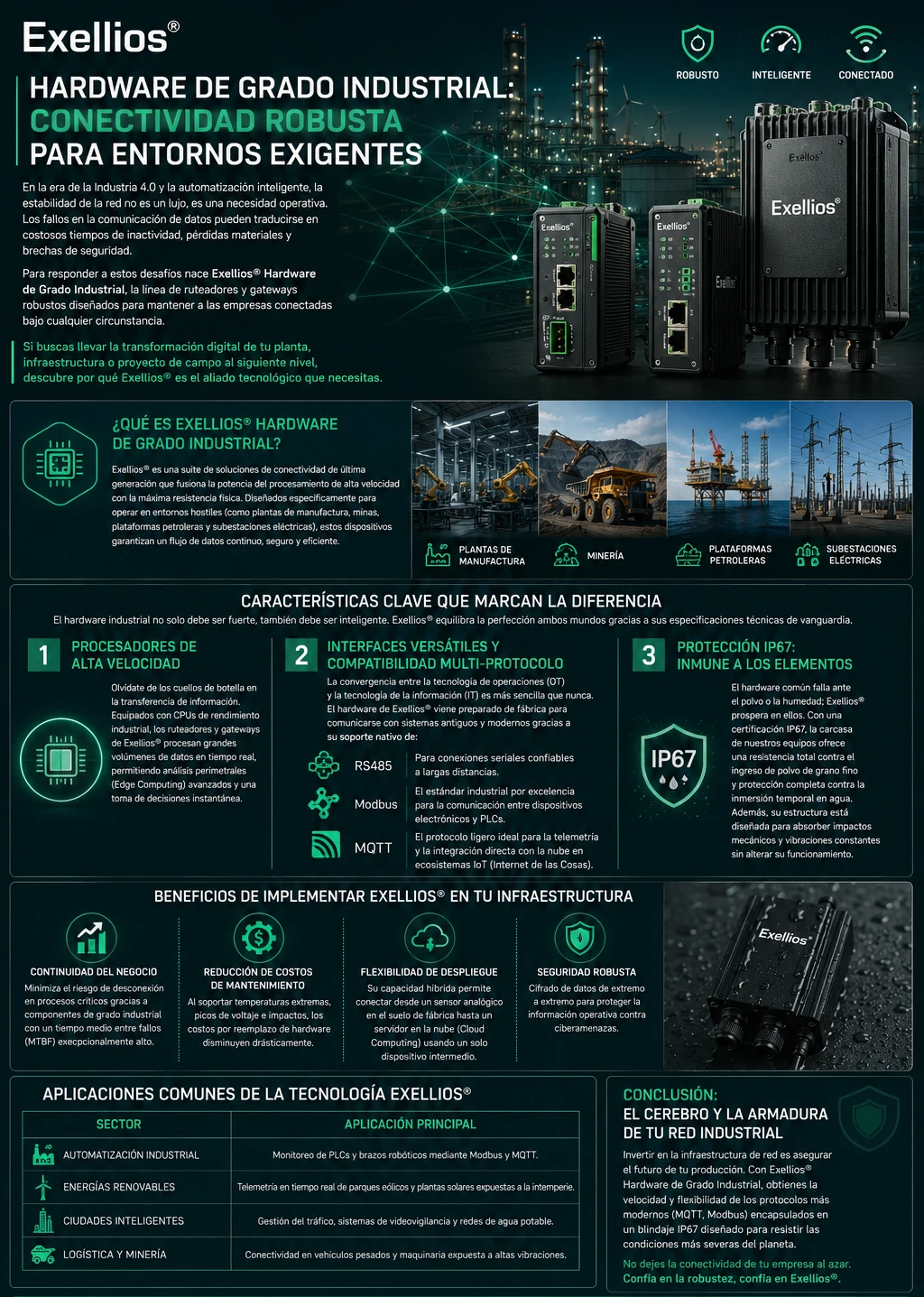 Invertir en la infraestructura de red es asegurar el futuro de tu producción. Con Exellios® Hardware de Grado Industrial, obtienes la velocidad y flexibilidad de los protocolos más modernos (MQTT, Modbus) encapsulados en un blindaje IP67 diseñado para resistir las condiciones más severas del planeta.